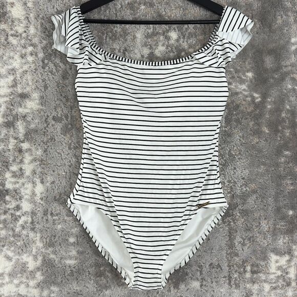 Vince Camuto Swim Size 14 Striped Boat Neck Once Piece Pull On White Short Sleev - Picture 1 of 11